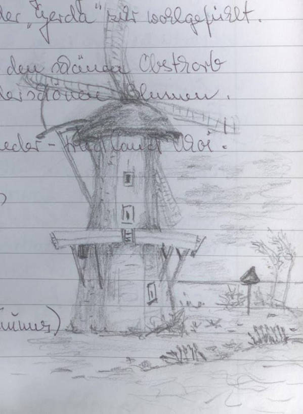 Molen in Friesland getekend door een kind op de boot.jpg